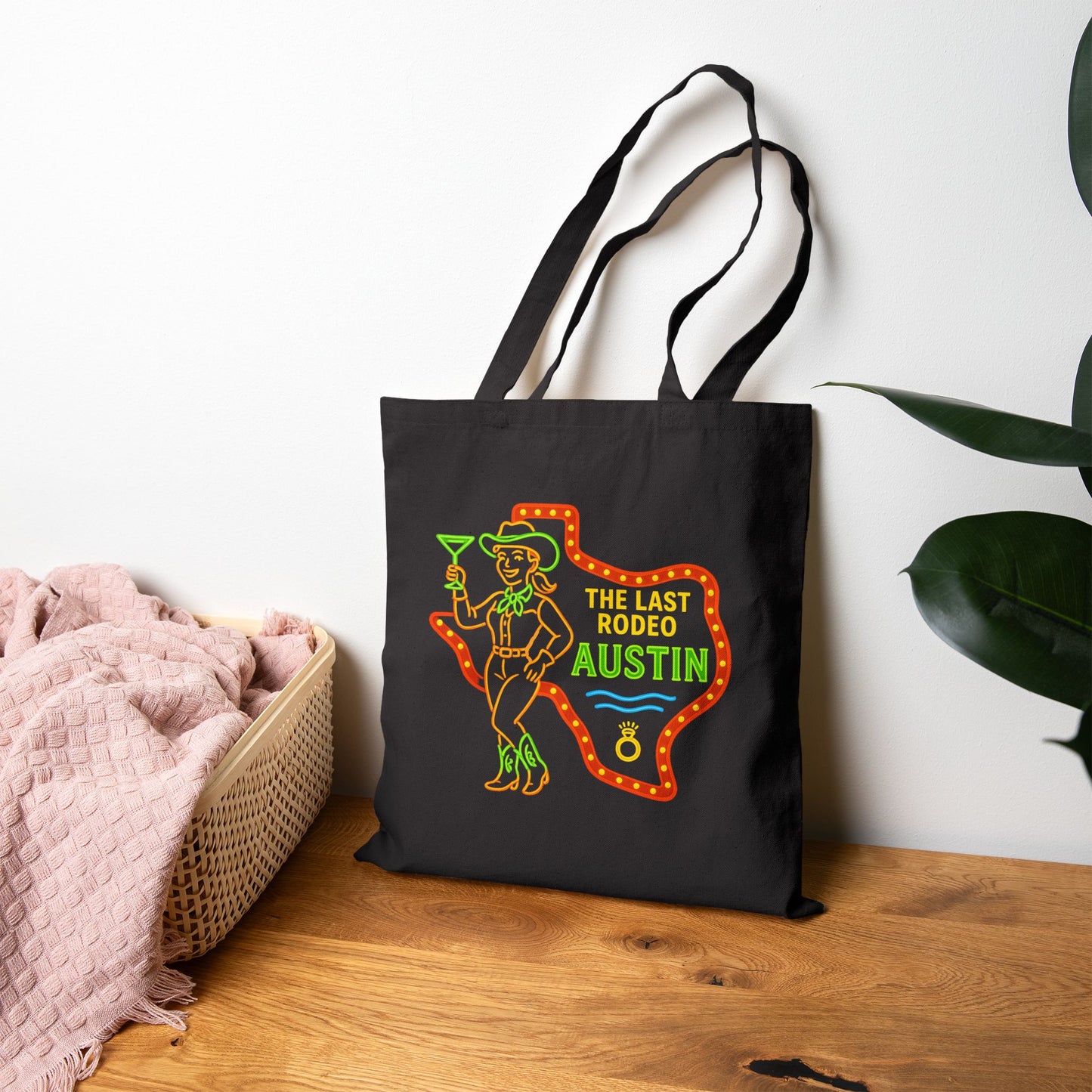 Austin Neon Tote Bag Black Canvas | Retro Austin Texas Graphic Tote | Austin Bachelorette Tote Neon Twist