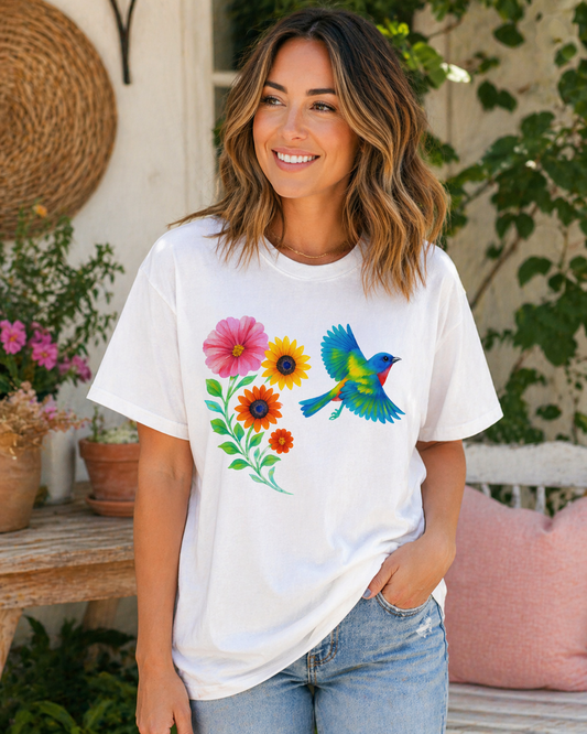 Painted Bunting Shirt – Bird Lover Tee, Floral Nature Graphic T-Shirt, Comfort Colors 1717, Mother’s Day Gift