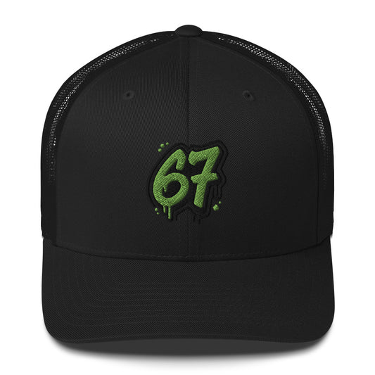 67 on a black trucker hat