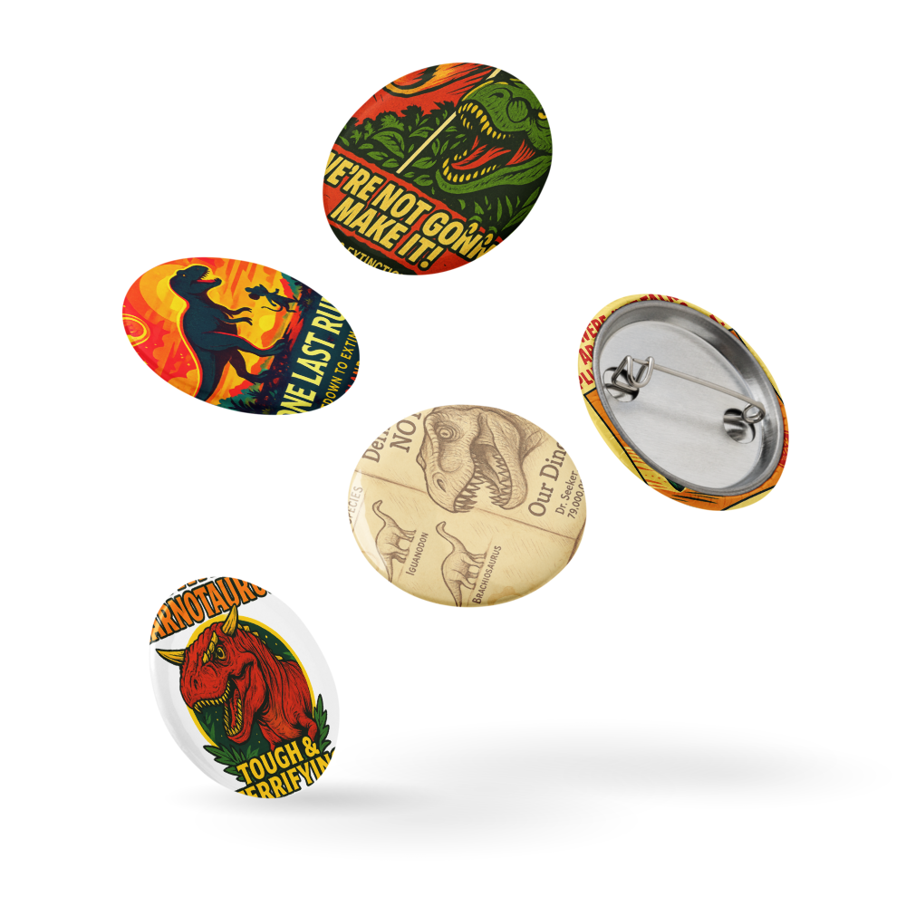 Dinosaur Ride Tribute Button Set: 5 Pack Retro Theme Park Pins | Countdown to Extinction Collectible 1.25"