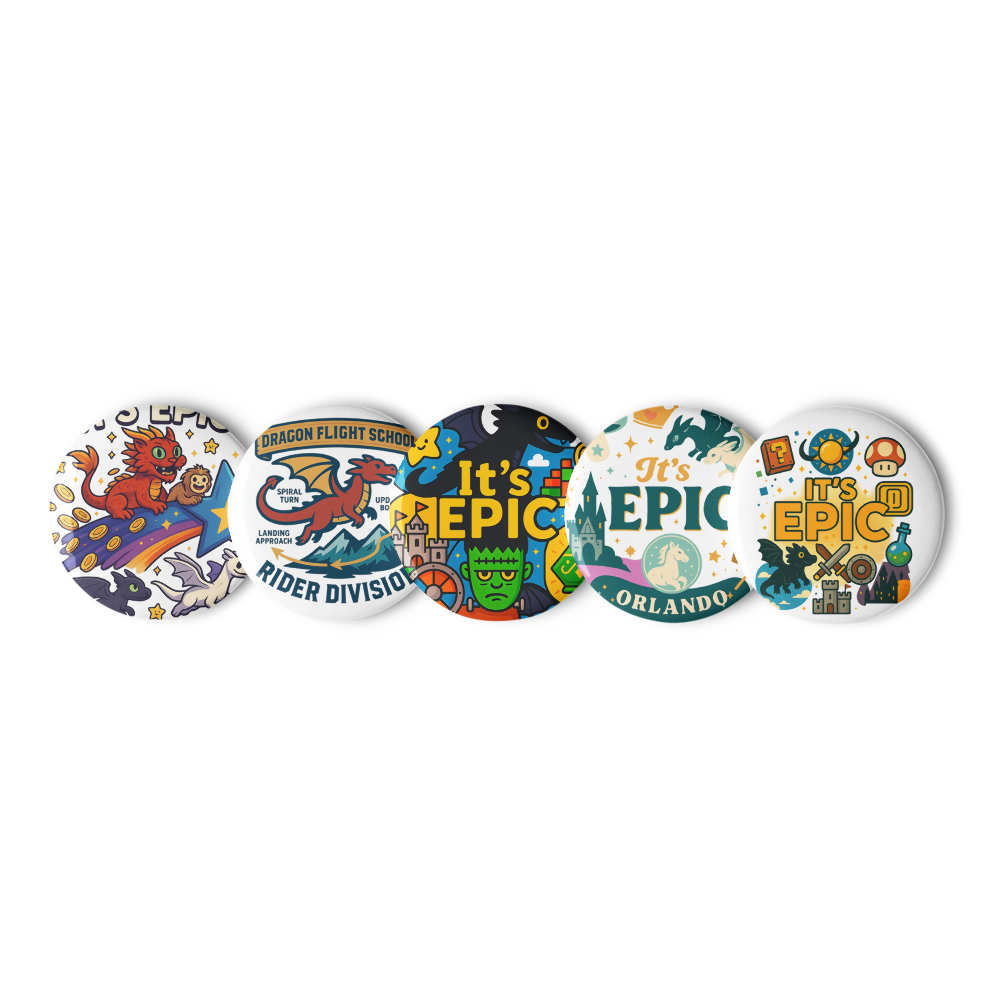 Epic Universe Pin Set – Dragon Fantasy Theme Park Button Collection (5-Pack) in 1.25" or 2.25"