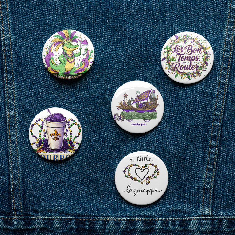 Mardi Gras Button Pins Set – New Orleans Carnival Purple Green Gold Pin Badges