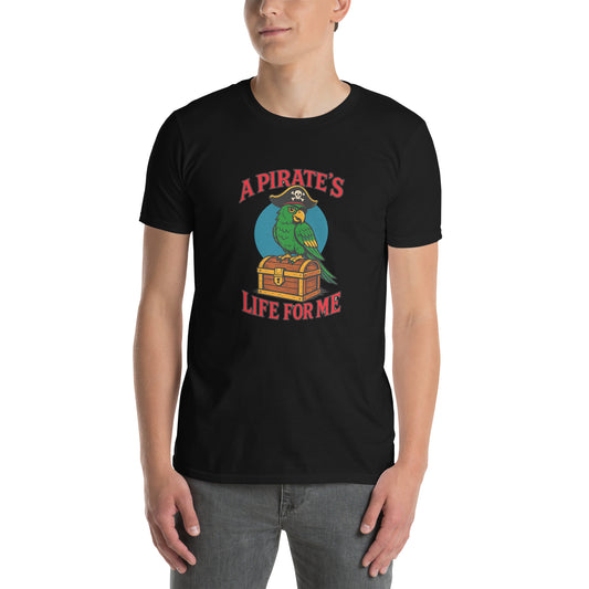 Man wearing pirate parrot shirt with treasure chest graphic and A Pirate’s Life For Me text.