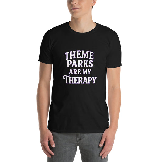 Black Gildan t-shirt with bold retro-style text reading “Theme Parks Are My Therapy” in white lettering with purple outline, perfect for Disney and Universal fans.