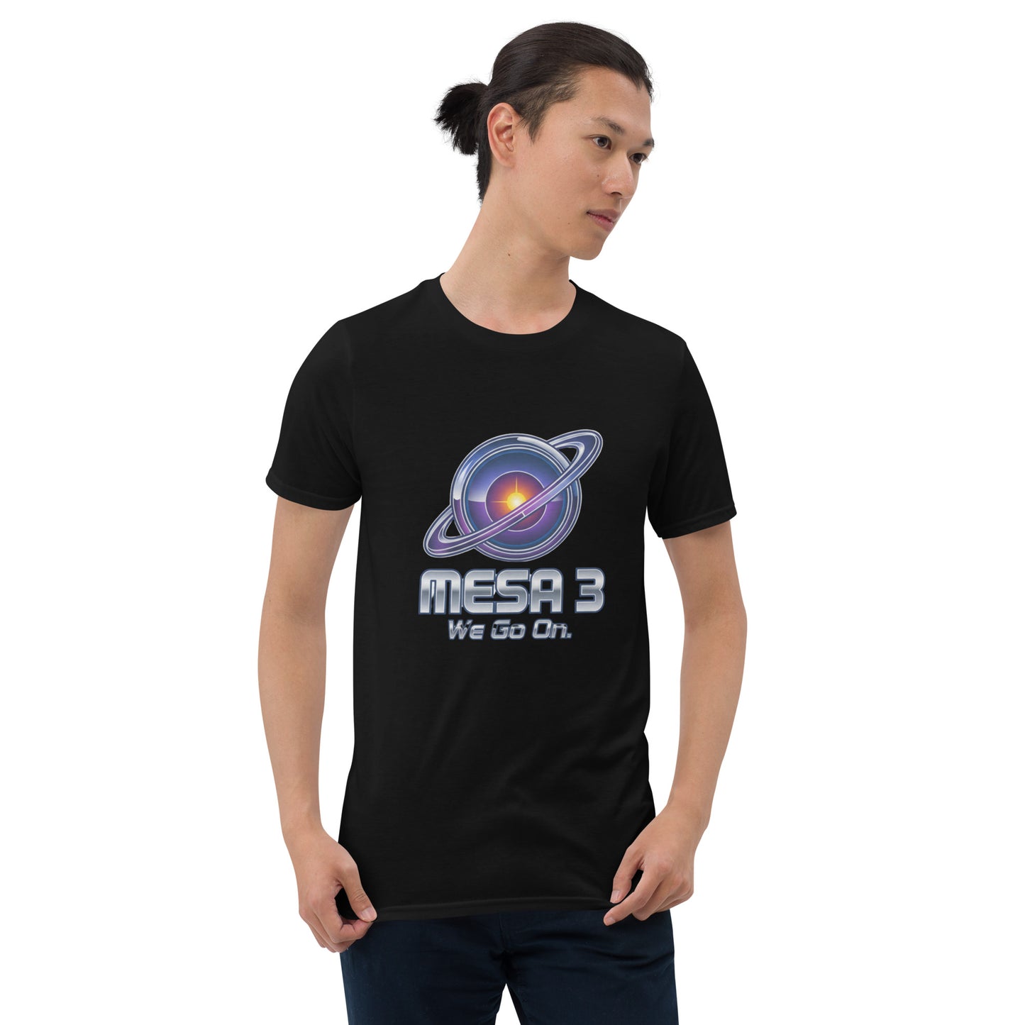 Person wearing a black t-shirt with a graphic design that says MESA 3 We Go On on a white background