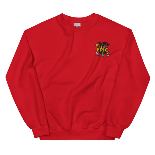 Red Gildan 18000 crewneck sweatshirt with embroidered “It’s EPIC” design featuring a dragon silhouette, star, sword, potion, and mushroom.