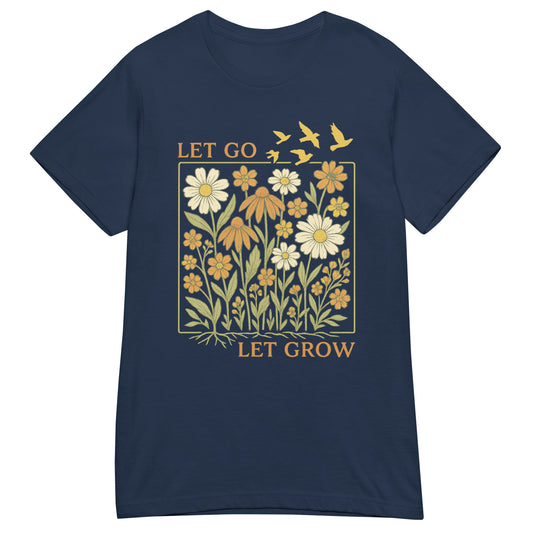Navy women’s Gildan 64000L t-shirt with floral wildflower design and inspirational quote “Let Go Let Grow,” mindful positive message graphic tee for women.