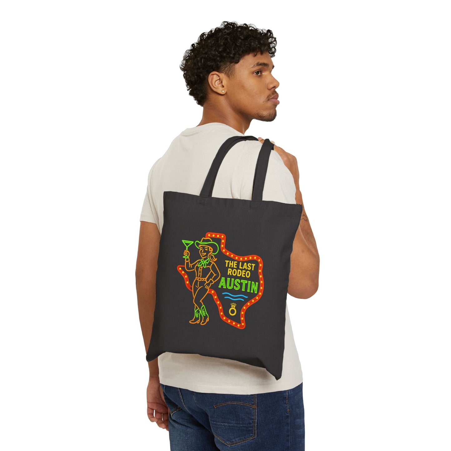 Austin Neon Tote Bag Black Canvas | Retro Austin Texas Graphic Tote | Austin Bachelorette Tote Neon Twist