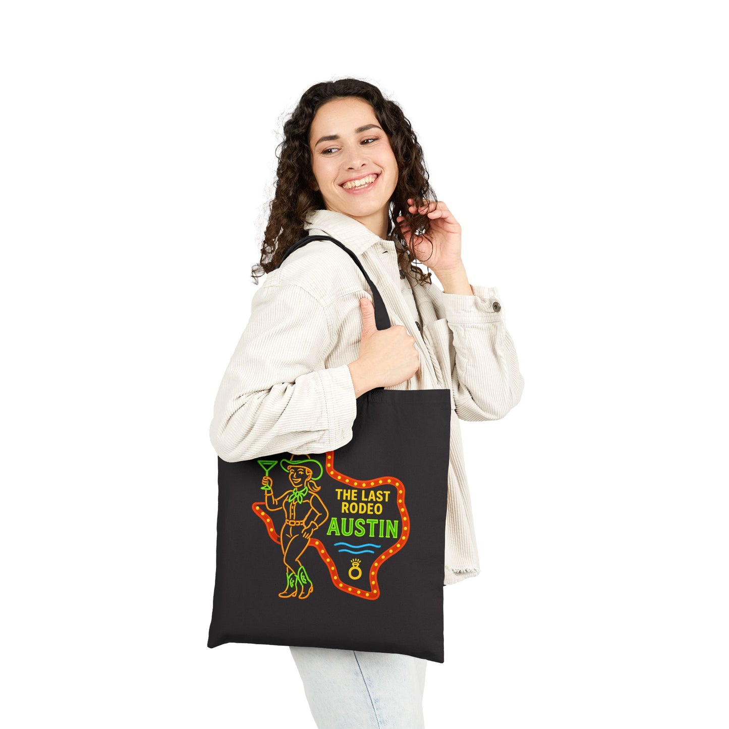 Austin Neon Tote Bag Black Canvas | Retro Austin Texas Graphic Tote | Austin Bachelorette Tote Neon Twist