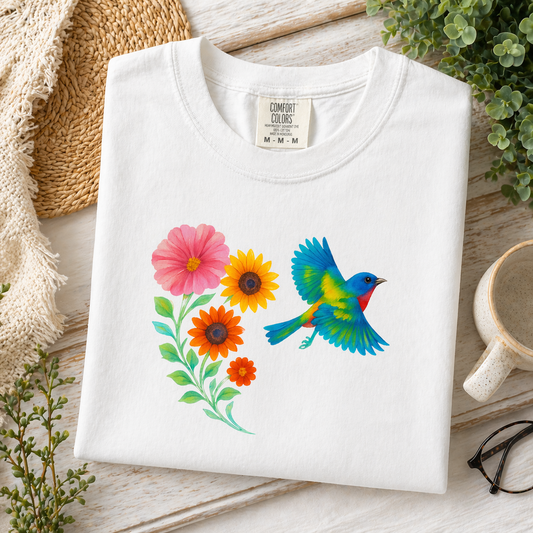 Painted Bunting Shirt – Bird Lover Tee, Floral Nature Graphic T-Shirt, Comfort Colors 1717, Mother’s Day Gift