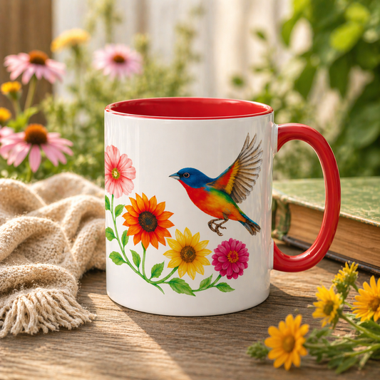 Painted Bunting Mug – Bird Lover Gift, Colorful Floral 11 oz, 15 oz Coffee Cup, Nature-Inspired Mother’s Day Gif