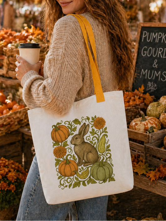 Woman at a pumpkin patch holding a tote bag with a rabbit and pumpkin design.