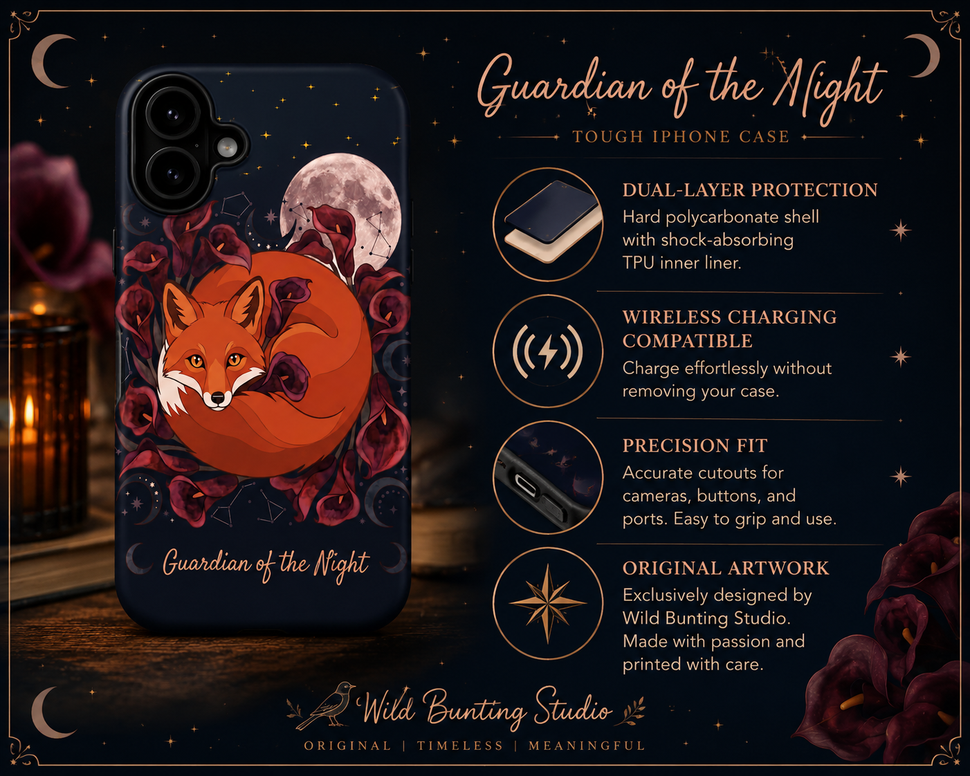 Guardian of the Night Fox Tough iPhone Case | Dark Academia Autumn Gothic Phone Case