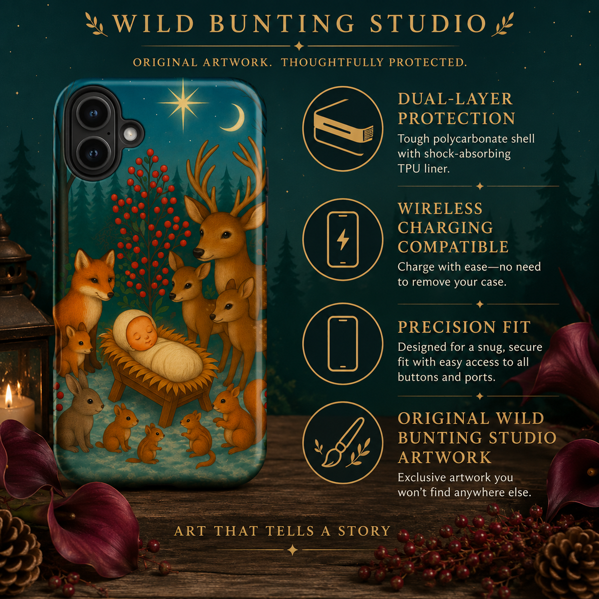 Woodland Nativity Phone Case | Animal Manger Scene iPhone Case | Christmas Deer & Fox Art | Protective Dual Layer Tough Case | Holiday Gift