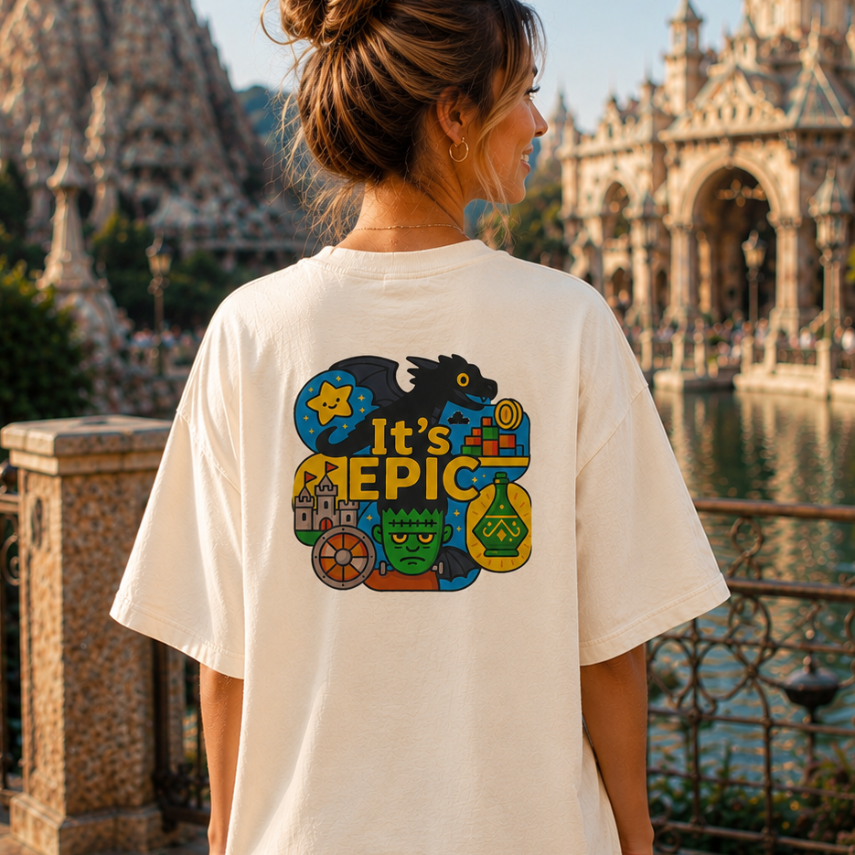 A woman stands with her back to the camera wearing an oversized cream-colored t-shirt with a colorful graphic on the back that reads 'It's EPIC' surrounded by fantasy creature illustrations. The background shows a highly detailed, fantasy-themed castle and fountain plaza under a blue sky.