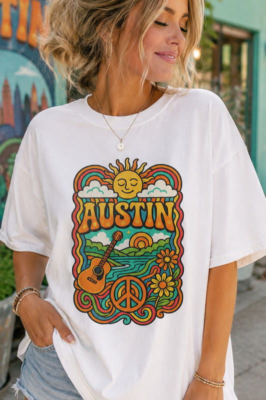 Austin Retro Comfort Colors® T-Shirt | Vintage Hippie Music Tee | Groovy Texas Graphic Shirt | Retro Sunset Peace Sign Nature Tee
