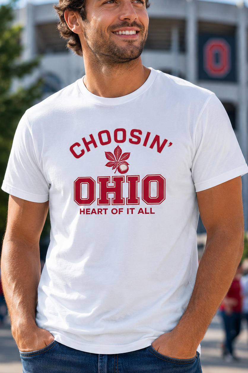 Man wearing a white t-shirt with 'CHOOSIN' OHIO HEART OF IT ALL' text and logo, standing outdoors.