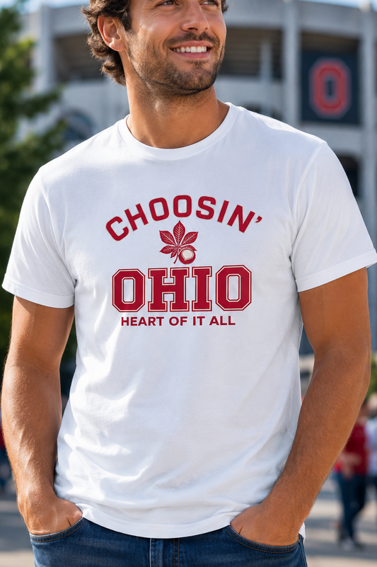 Man wearing a white t-shirt with 'CHOOSIN' OHIO HEART OF IT ALL' text and logo, standing outdoors.