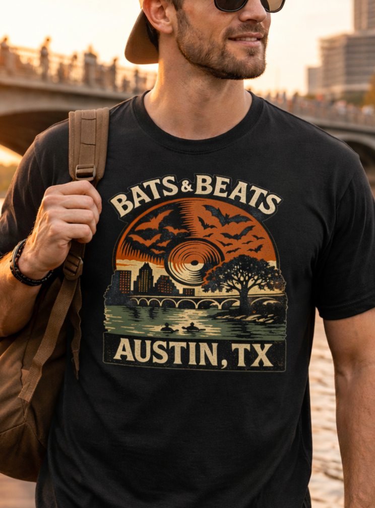 Bats & Beats Austin TX Shirt | Congress Bridge Bat Watching Tee | Austin Music Scene Graphic Shirt