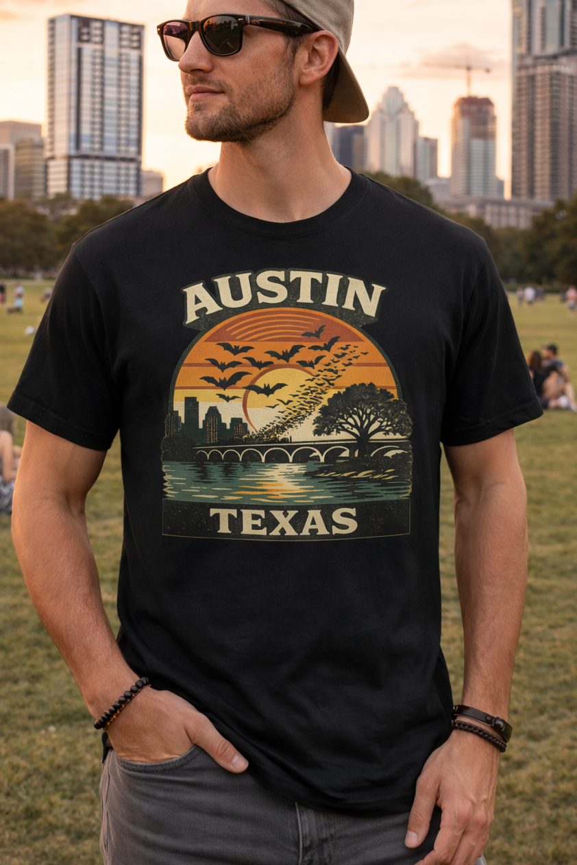 Man wearing a black t-shirt with 'Austin Texas' design in a park with city skyline.