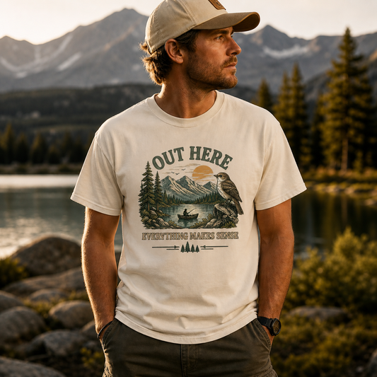 Out Here Everything Makes Sense Shirt | Vintage Nature Fishing Tee | Mountain Lake Bird Graphic | Outdoors Shirt