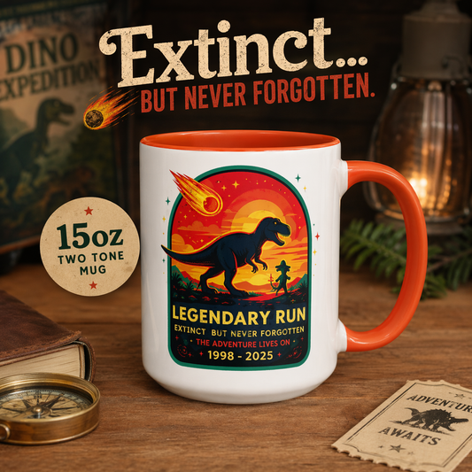 Legendary Run Dinosaur Mug – Extinct But Never Forgotten Coffee Mug, Retro Dino Tribute, Theme Park Gift
