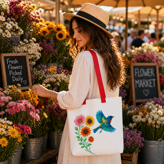 Floral Bird Tote Bag with Pocket | Painted Bunting Tote | Colorful Garden Canvas Bag | Bird Lover Gift