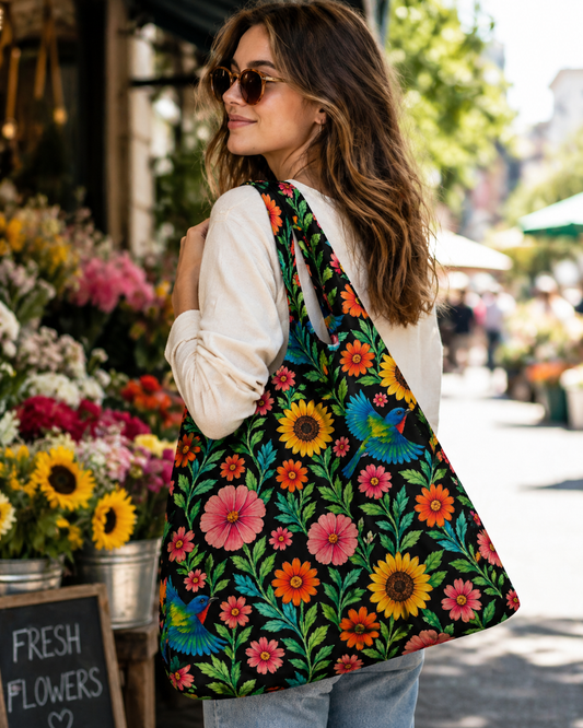 Floral Bird Tote Bag Black Background | Painted Bunting Tote | Colorful Wildflower Market Bag | Garden Lover Gift