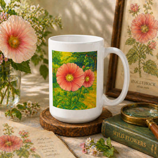 Hollyhock Floral Mug | Impressionist Flower Coffee Cup | Van Gogh Style Art Mug | Garden Lover Gift | Botanical Ceramic Mug