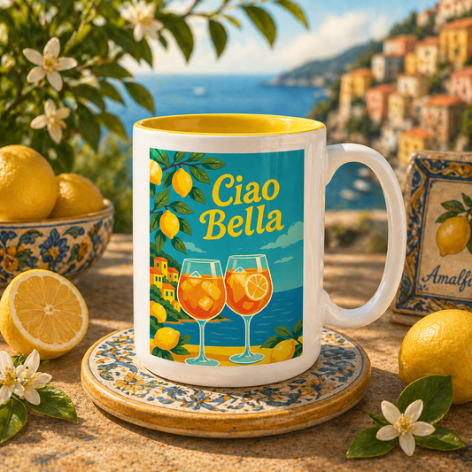 Ciao Bella Mug Italian Riviera | Lemon Coastal Coffee Mug | Summer Travel Gift | Amalfi Coast Aesthetic Cup | 11oz Color Inside Mug
