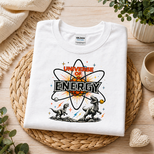 White t-shirt with 'Universe of Energy' design on a woven mat with a cup of coffee and plant in the background