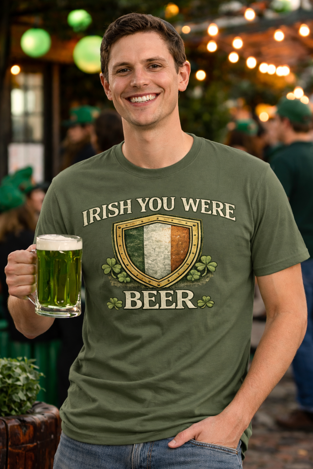 Irish You Were Beer Shirt, St Patricks Day Shirt, Funny Irish Drinking Tee, Shamrock Beer Graphic, Gildan 64000 Military Green