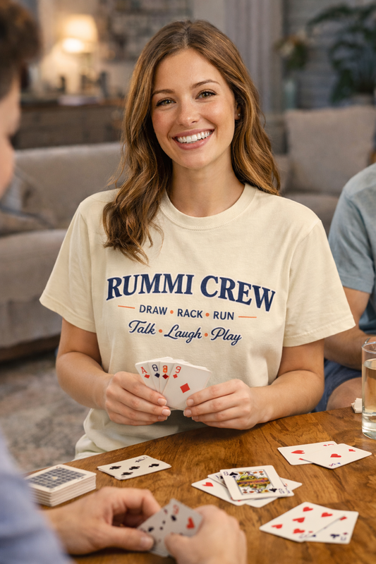 Rummi Crew Comfort Colors 1717 T-Shirt | Game Night Shirt | Draw Rack Run Tee | Casual Retro Card Game Shirt