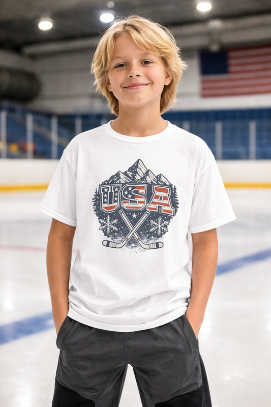 USA Hockey Youth Shirt | Patriotic Ice Hockey Kids Tee | Winter Champions Graphic | Team USA Hockey Shirt