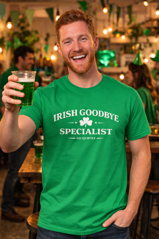 Irish Goodbye Specialist Shirt – Funny St. Patrick’s Day Bar Humor Tee – Go Quietly Graphic Shirt