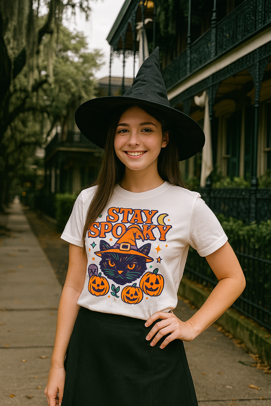 Person wearing a Halloween-themed t-shirt that says stay spooky with a witch hat and pumpkins in an outdoor setting.