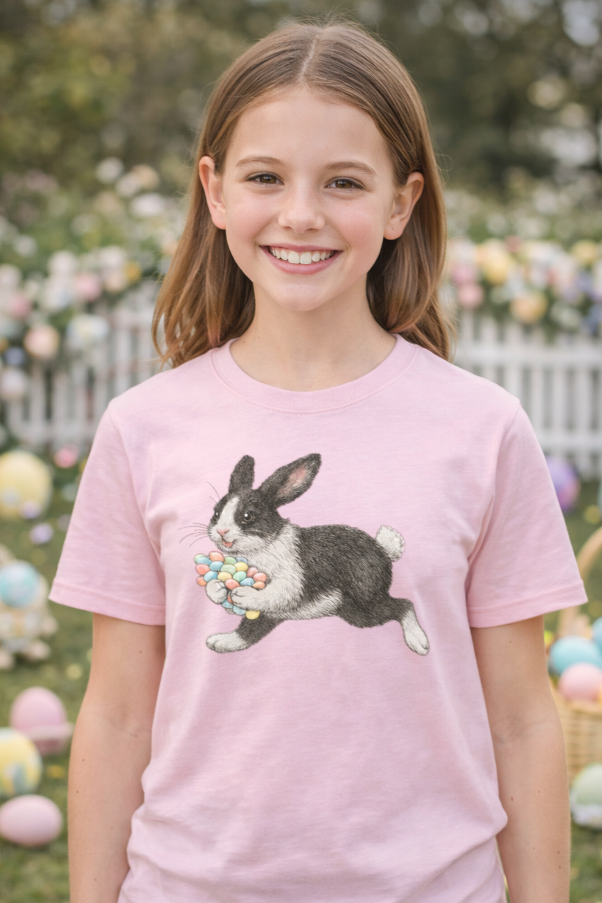 Girl wearing a pink t-shirt with a bunny design in an Easter-themed setting