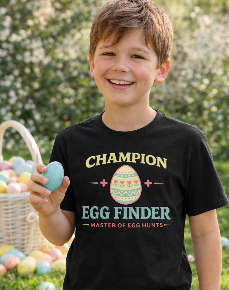 Child wearing a black t-shirt with 'Champion Egg Finder' text, holding an Easter egg in a grassy field with Easter eggs and a basket.