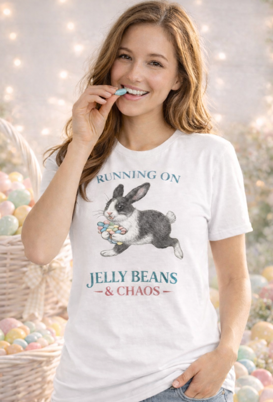 Woman wearing a white t-shirt with a bunny graphic and text that says "Running on Jelly Beans & Chaos", surrounded by Easter eggs and a basket.
