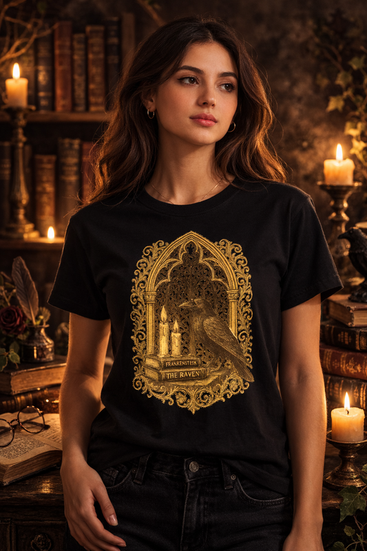 Raven Gothic Arch Shirt – Dark Academia Horror Literature Tee, Frankenstein & The Raven T-Shirt, Gothic Candle Window Design