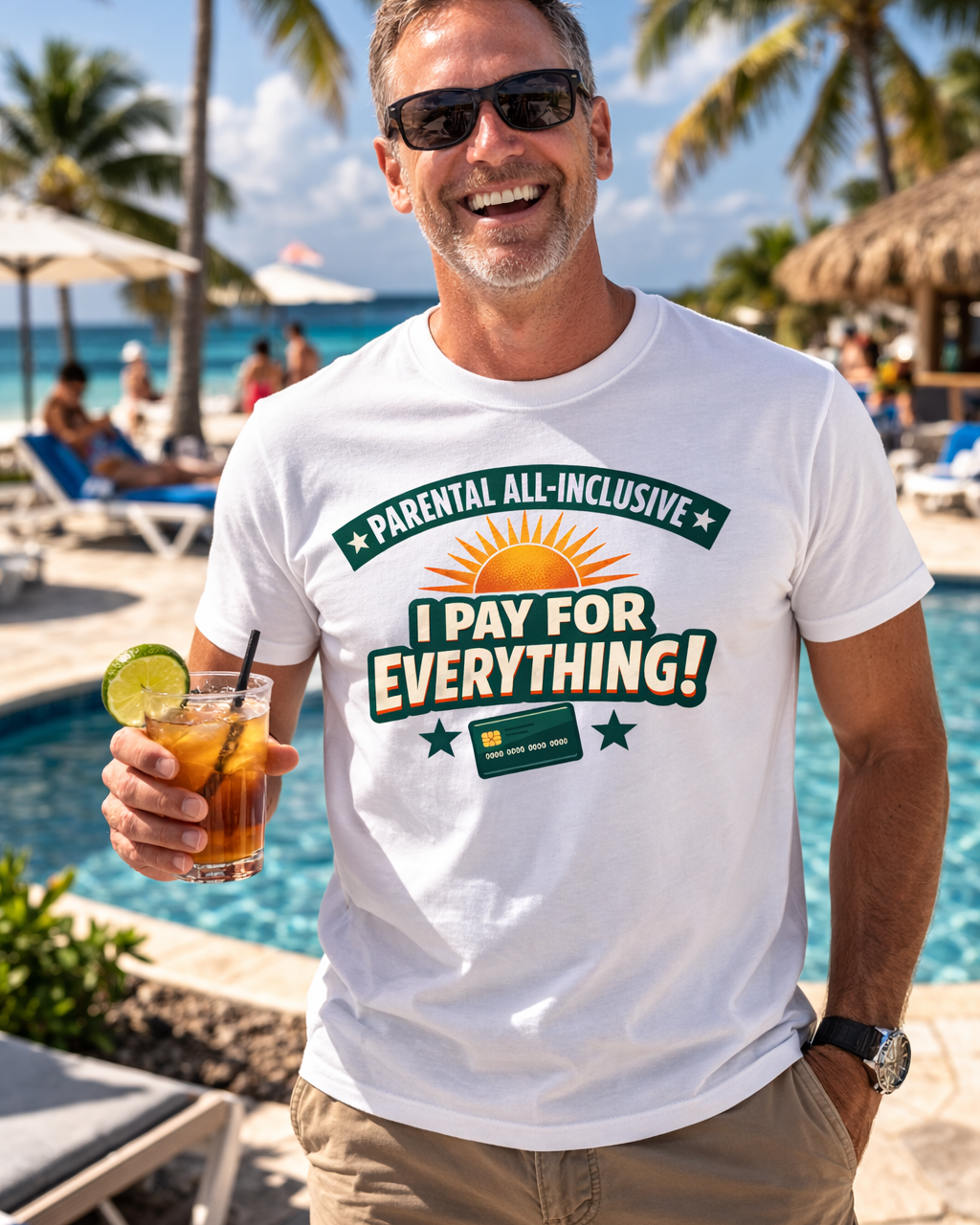Man wearing a white t-shirt with a humorous graphic and text, standing by a pool with palm trees and beachgoers in the background.