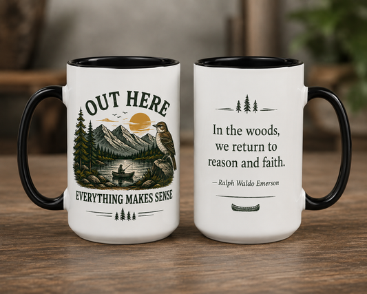 Out Here Everything Makes Sense Mug – Emerson Nature Quote Coffee Cup – 15 oz Black Accent Wilderness Mug