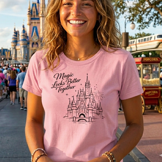 Woman wearing a pink t-shirt with a castle design and text, standing in front of a theme park.