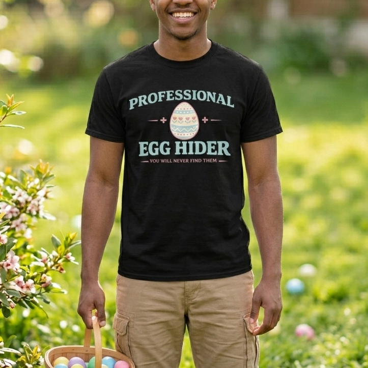 Person wearing a black t-shirt with 'Professional Egg Hider' text, holding a basket of Easter eggs in a garden.