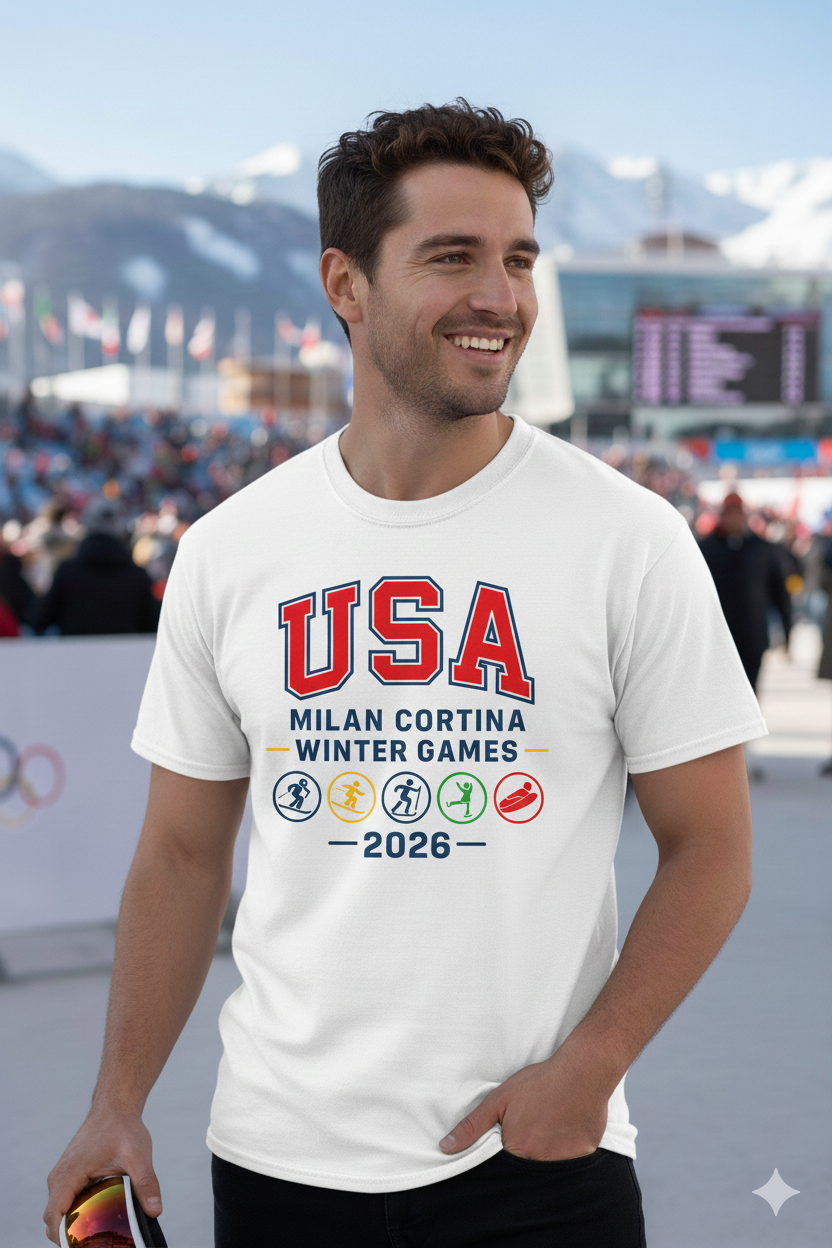 Man wearing a white t-shirt with USA Milan Cortina Winter Games 2026 text and graphics.
