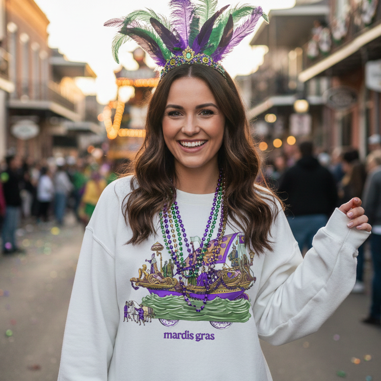 Woman wearing a Mardi Gras-themed sweatshirt and feathered headband in a festive street setting.