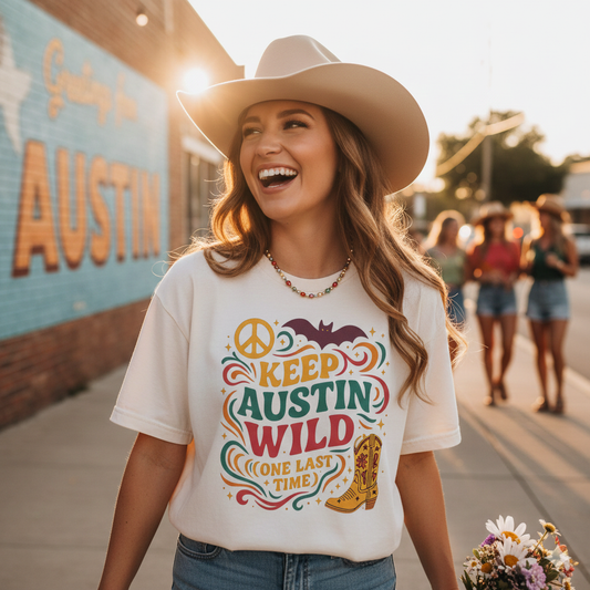 Woman wearing a 'Keep Austin Wild' t-shirt with a mural in the background.