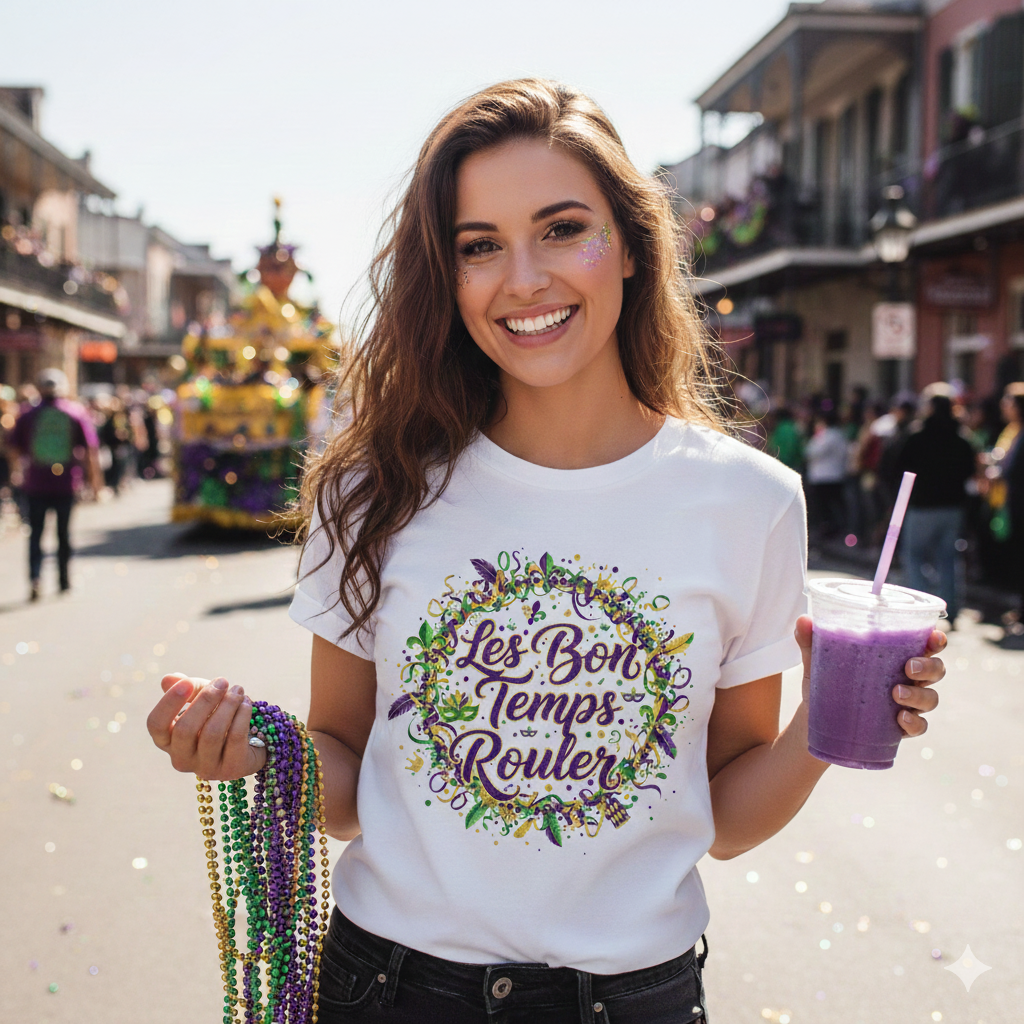 Women at Mardis Gras in a Les Bon Temps Rouler white t-shirt.