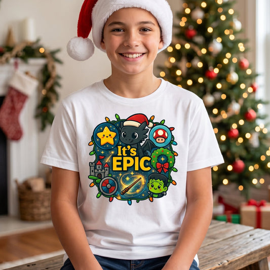 A smiling boy wearing a red Santa hat and a white graphic T-shirt sits on a wooden bench in a cozy living room decorated for Christmas, with a lit tree and fireplace in the background.