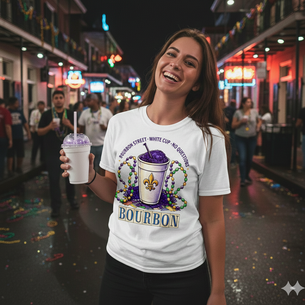 Woman wearing a white t-shirt with Bourbon-themed design, holding a drink, in a lively street setting.